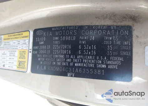 2010 Kia Sedona Lx z USA, uszkodzony, nr VIN KNDMG4C31A6355381